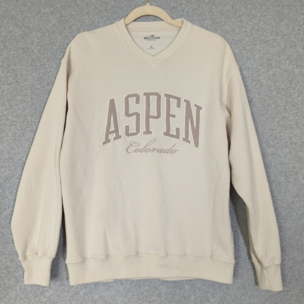 Hollister Aspen Sweatshirt XS Graphic Pullover V-Neck Beige Cotton Blend